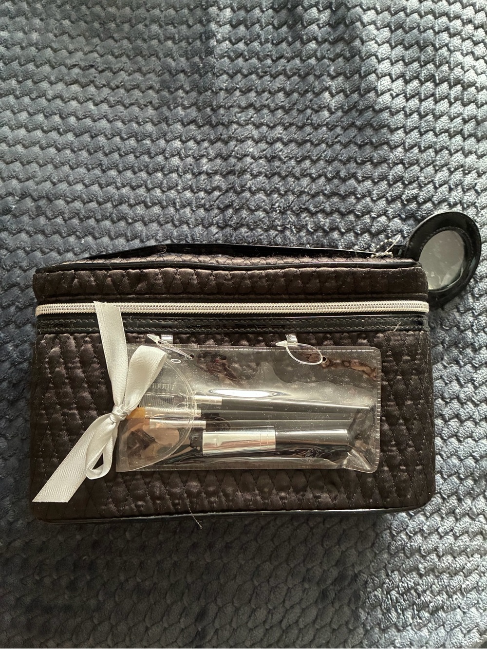 Quilted Black Cosmetic Pouch with Clear Brush Holder and Mirror
